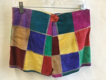 Womens, 1990s Vintage, Piece 2, RIAZ, Teal Green, Purple, Mustard Yellow, Maroon Red, Red, Suede, Color Blocking, W:28, M, SHORTS:  No Waist, Zip Back, with 1 Cover Red Suede Button