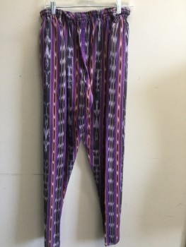 Womens, Pants, N/L, Purple, Faded Black, Orange, Yellow, Red, Cotton, Polyester, Stripes - Vertical , XL, 42, 1.5" Elastic Waistband, 2 Side Pockets
