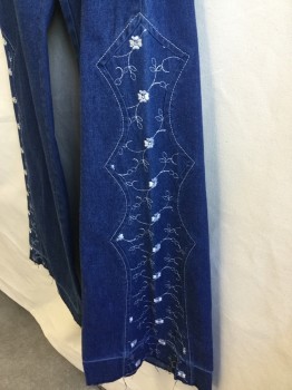 Womens, Jeans, PRIOR, Blue, White, Cotton, Solid, Floral, 22, White Top Stitches, 2 Fake Wedge Pockets Front, Zip Front, in Lay Self Denim with White Floral Embroidery on Work on Bottom 1/2 Legs, Flair Bottom, and Raw Hem