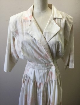 N/L, Off White, Blush Pink, Lt Beige, Poly/Cotton, Floral, 3/4 Dolman Sleeves, Notched Lapel, Padded Shoulders, Curved Yoke at Waist with Pleats, 2 Side Pockets, Full Skirt, Button Closures at Waist, Elastic Waist in Back, 1980's Does Retro 1950's