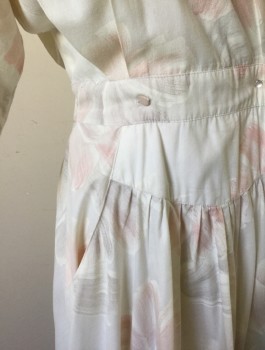 N/L, Off White, Blush Pink, Lt Beige, Poly/Cotton, Floral, 3/4 Dolman Sleeves, Notched Lapel, Padded Shoulders, Curved Yoke at Waist with Pleats, 2 Side Pockets, Full Skirt, Button Closures at Waist, Elastic Waist in Back, 1980's Does Retro 1950's