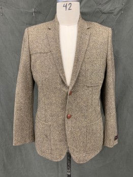 Mens, Sportcoat/Blazer, H&M, Brown, Tan Brown, Wool, Tweed, 44R, Single Breasted, Collar Attached, Notched Lapel, 3 Patch Pockets, 2 Buttons,  Brown Pleather Elbow Patches