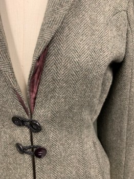 MTO, Dk Green, Gray, Wool, Herringbone, Tweed, Button/Loop Front, Shawl Collar, Gathered Shoulders, Tucked Stitched at Waist, Long Sleeves, 2 Pockets, Turned Back Cuff, Rounded Hem Around Hips,