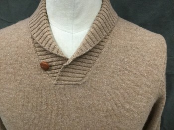 Mens, Pullover Sweater, BROOKS BROTHERS, Lt Brown, Wool, Tweed, L, Shawl Collar Pullover, Long Sleeves, Ribbed Knit Collar/Waistband/Cuff