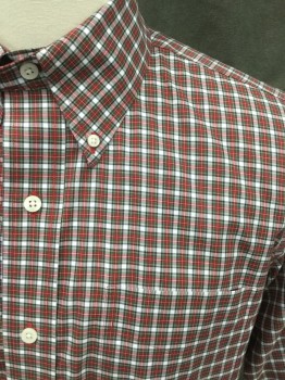LAUREN RALPH LAUREN, Red, White, Green, Black, Cotton, Plaid, Button Front, Collar Attached, Button Down Collar, Long Sleeves, 1 Pocket, Doubles