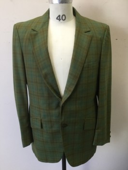 Mens, Blazer/Sport Co, SEWELL, Avocado Green, Brown, Navy Blue, Wool, Plaid, 40R, Single Breasted, Notched Lapel, 2 Buttons,  3 Pockets, Bottom Pockets are Slanted,