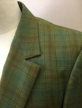 Mens, Blazer/Sport Co, SEWELL, Avocado Green, Brown, Navy Blue, Wool, Plaid, 40R, Single Breasted, Notched Lapel, 2 Buttons,  3 Pockets, Bottom Pockets are Slanted,