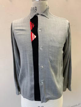 BUD BERMA, Gray, Black, Red, Cotton, Solid, Geometric, Long Sleeve Button Front, Collar Attached, Black Rib Knit Panel at Button Placket with Red and White Triangle Accents, 1 Patch Pocket,  1950's