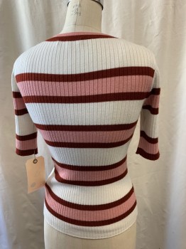 Womens, Top, FRAME, Dusty Rose Pink, Brown, White, Acrylic, Wool, Stripes - Horizontal , XS, Crew Neck, 3/4 Sleeve