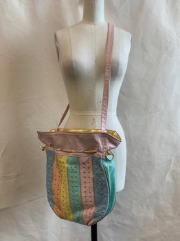 N/L, Baby Pink, Baby Blue, Sea Foam Green, Gold, Yellow, Leather, Color Blocking, Stripes, Long Pink Strap, Gold Drawstring, Gold Round Studs on Front, Gold Pipe Trim