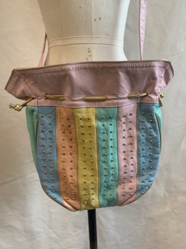 N/L, Baby Pink, Baby Blue, Sea Foam Green, Gold, Yellow, Leather, Color Blocking, Stripes, Long Pink Strap, Gold Drawstring, Gold Round Studs on Front, Gold Pipe Trim