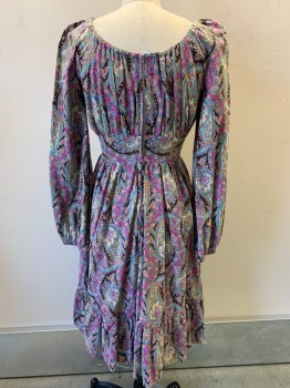 Foxy Lady, Turquoise Blue, Hot Pink, Brown, Green, Lavender Purple, Cotton, Paisley/Swirls, L/S, Scoop Neck, Elastic Neckline, Front Chest Tie, Back Zipper, Inverted Bottom Seam