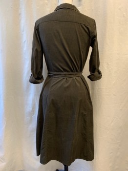 Womens, Dress, LOFT ANN TAYLOR, Dk Olive Grn, Cotton, PETITE, 8, Corduroy, Collar Attached, Button Front, Adjustable Long Sleeves, 2 Pockets, with Belt