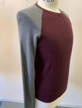 Mens, Pullover Sweater, THEORY, Red Burgundy, Gray, Cotton, Solid, M, Waffle Knit, Contrasting Gray Raglan Sleeves, Crew Neck