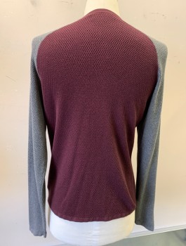 Mens, Pullover Sweater, THEORY, Red Burgundy, Gray, Cotton, Solid, M, Waffle Knit, Contrasting Gray Raglan Sleeves, Crew Neck