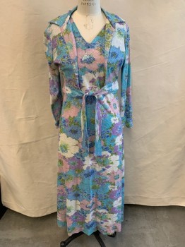 N/L, Baby Blue, Lt Pink, Lavender Purple, White, Metallic, Polyester, Floral, Knit with Silver Metallic Specks in Weave, Sleeveless, V-neck, Shift Dress, Ankle Length,
