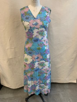 Womens, Dress, N/L, Baby Blue, Lt Pink, Lavender Purple, White, Metallic, Polyester, Floral, W:30, B:36, H:38, Knit with Silver Metallic Specks in Weave, Sleeveless, V-neck, Shift Dress, Ankle Length,