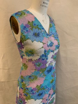 N/L, Baby Blue, Lt Pink, Lavender Purple, White, Metallic, Polyester, Floral, Knit with Silver Metallic Specks in Weave, Sleeveless, V-neck, Shift Dress, Ankle Length,