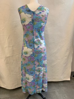 Womens, Dress, N/L, Baby Blue, Lt Pink, Lavender Purple, White, Metallic, Polyester, Floral, W:30, B:36, H:38, Knit with Silver Metallic Specks in Weave, Sleeveless, V-neck, Shift Dress, Ankle Length,