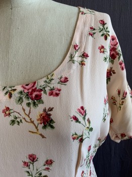 STARINA, Baby Pink, Rayon, Floral, Scoop Neck, S/S, Ties at Waist, Mauve Pink Roses, Green Stems