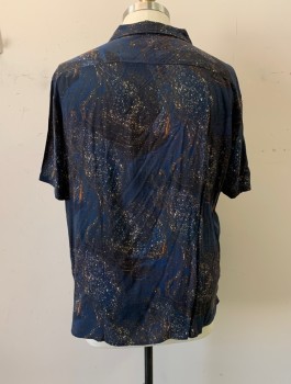 Mens, Casual Shirt, OPEN EDIT, Navy Blue, Multi-color, Viscose, Abstract , XXL, C.A., Button Front, S/S, Orange, Brown, Cream Abstract Print