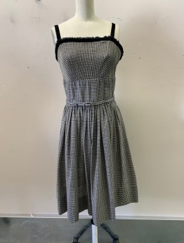 Womens, Dress, L'AIGLON, Black, Off White, Cotton, Gingham, W26, B32, Straps, Square Neck, Zip Back, Black Velvet and Lace Trim, Pleated Skirt, Matching Belt *Aged/Distressed*