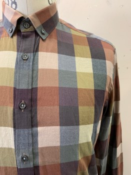 Mens, Casual Shirt, Le 31, Brick Red, Navy Blue, Moss Green, Tan Brown, Wine Red, Cotton, Check , S, L/S, Button Front, Collar Attached