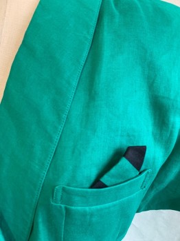 JOINUS, Kelly Green, Black, Linen, Solid, Color Blocking, Bat Wing Cap Sleeve, Shawl Lapel, Front Pckt with Striped Square, Button & Half Zip @ Waist, Front Left Striped Overlay, Back Vent
