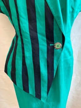JOINUS, Kelly Green, Black, Linen, Solid, Color Blocking, Bat Wing Cap Sleeve, Shawl Lapel, Front Pckt with Striped Square, Button & Half Zip @ Waist, Front Left Striped Overlay, Back Vent