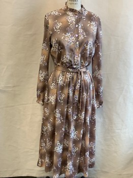Womens, Dress, MISS SUGAR, Taupe, Cream, Mauve Purple, Green, Black, Synthetic, Floral, W 28, B 36, Band Collar with Ruffle, B.F. (One Button Broken), Elastic Waist And Wrists, Hem Mid-calf, Self Tie Belt