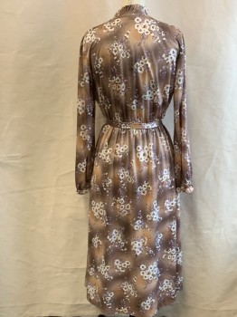 Womens, Dress, MISS SUGAR, Taupe, Cream, Mauve Purple, Green, Black, Synthetic, Floral, W 28, B 36, Band Collar with Ruffle, B.F. (One Button Broken), Elastic Waist And Wrists, Hem Mid-calf, Self Tie Belt