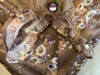 MISS SUGAR, Taupe, Cream, Mauve Purple, Green, Black, Synthetic, Floral, Band Collar with Ruffle, B.F. (One Button Broken), Elastic Waist And Wrists, Hem Mid-calf, Self Tie Belt