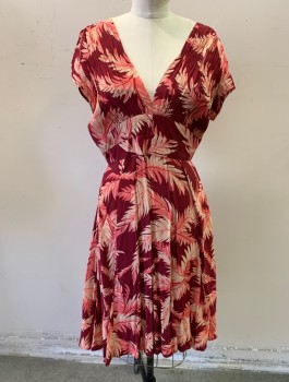 Womens, Dress, Short Sleeve, TRASHY DIVA, Red Burgundy, Salmon Pink, Beige, Rayon, Leaves/Vines , W:28, B:36, H:37, Retro, Cap Sleeves, Plunging V-Neck, Gathered and Smocked Bust/Shoulders, A-Line Skirt, Knee Length, Invisible Zipper in Back