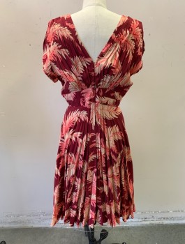 Womens, Dress, Short Sleeve, TRASHY DIVA, Red Burgundy, Salmon Pink, Beige, Rayon, Leaves/Vines , W:28, B:36, H:37, Retro, Cap Sleeves, Plunging V-Neck, Gathered and Smocked Bust/Shoulders, A-Line Skirt, Knee Length, Invisible Zipper in Back