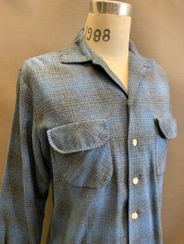 SPORTSMAN, Cornflower Blue, Dk Gray, Wool, Plaid, 1950's, L/S, Button Front, Camp Collar, 3 Pockets with Flaps