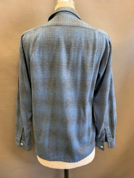 Mens, Casual Shirt, SPORTSMAN, Cornflower Blue, Dk Gray, Wool, Plaid, M, 1950's, L/S, Button Front, Camp Collar, 3 Pockets with Flaps