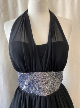 WINDSOR, Black, Polyester, Polyester, Halter Neck, Mesh Straps Starting at Waistband, Silver Sequin Waistband, Fit & Flare, Puffy Skirt, Zip Back