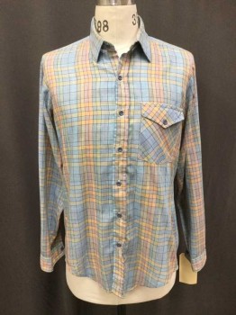 GAP, Baby Blue, Orange, Lt Green, Cotton, Plaid, Long Sleeves, Button Front, Collar Attached, 1 Flap Pocket