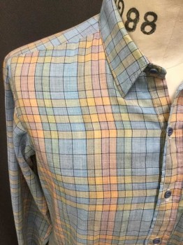 Mens, Casual Shirt, GAP, Baby Blue, Orange, Lt Green, Cotton, Plaid, 33, 15.5, Long Sleeves, Button Front, Collar Attached, 1 Flap Pocket