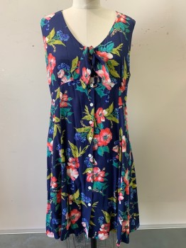 Womens, Dress, GAP, Navy Blue, Green, Pink, Rayon, Floral, W31, B36, Sleeveless, V Neck, Button Front, Front Bow,