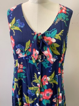 Womens, Dress, GAP, Navy Blue, Green, Pink, Rayon, Floral, W31, B36, Sleeveless, V Neck, Button Front, Front Bow,