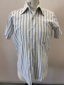 Mens, Casual Shirt, SUPRE MACY, White, Blue, Poly/Cotton, Geometric, Stripes - Vertical , N 14.5, S, Button Front, S/S, C.A., 1 Pocket,