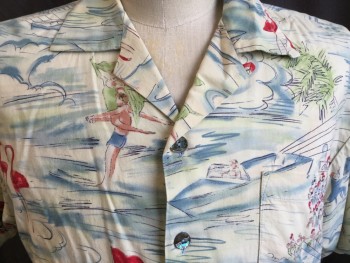 Mens, Hawaiian Shirt, OHANA, Lt Yellow, Teal Blue, Lime Green, Red, Black, Cotton, Tropical , S, Camp C.A., B.F., 1 Pckt, Shell Btns, Water Skiers/ Flamingo Print
