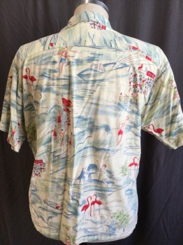 Mens, Hawaiian Shirt, OHANA, Lt Yellow, Teal Blue, Lime Green, Red, Black, Cotton, Tropical , S, Camp C.A., B.F., 1 Pckt, Shell Btns, Water Skiers/ Flamingo Print