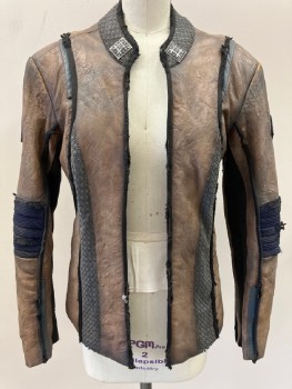Womens, Sci-Fi/Fantasy Jacket, N/L, Brown, Gray, Navy Blue, Leather, Textured Fabric, B32, Aged, Stand  Collar, Honey Comb Inserts  BlackPiping , Aged Purple Quilted Elbow, No Closures  Spandex Lining & Inserts On Underside Of Sleeves  And  Down Side Seam, Metal Square Appliqué At Neck 2  Bicep  Patches