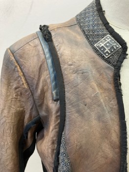 Womens, Sci-Fi/Fantasy Jacket, N/L, Brown, Gray, Navy Blue, Leather, Textured Fabric, B32, Aged, Stand  Collar, Honey Comb Inserts  BlackPiping , Aged Purple Quilted Elbow, No Closures  Spandex Lining & Inserts On Underside Of Sleeves  And  Down Side Seam, Metal Square Appliqué At Neck 2  Bicep  Patches