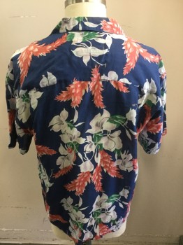 Mens, Casual Shirt, SUMMA , Blue, Orange, Lavender Purple, Green, Silk, Floral, Hawaiian Print, C:48, L, Camp C.A., B.F., 1 Pckt, S/S