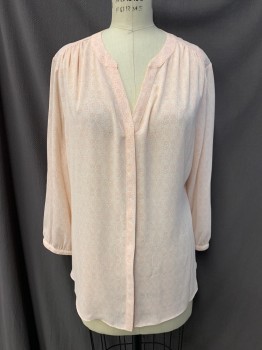 Womens, Blouse, NYDJ, Peachy Pink, White, Poly/Cotton, Polka Dots, M, V-neck, Button Front, Long Sleeves, Pleated Back