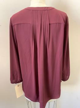 Womens, Top, NYDJ, Red Burgundy, Polyester, Solid, M, Long Sleeves, Pullover, Button Front Placket, Collar Band, Pleated Center Back,