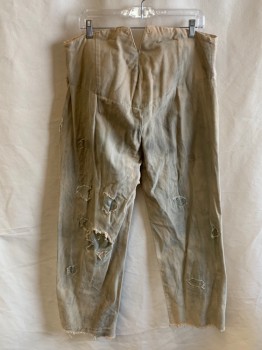 Mens, Historical Fiction Pants, NL, Khaki Brown, Cotton, Solid, 40, High Waist, Button Front, 2 Pocket, Aged, Patched, Holes